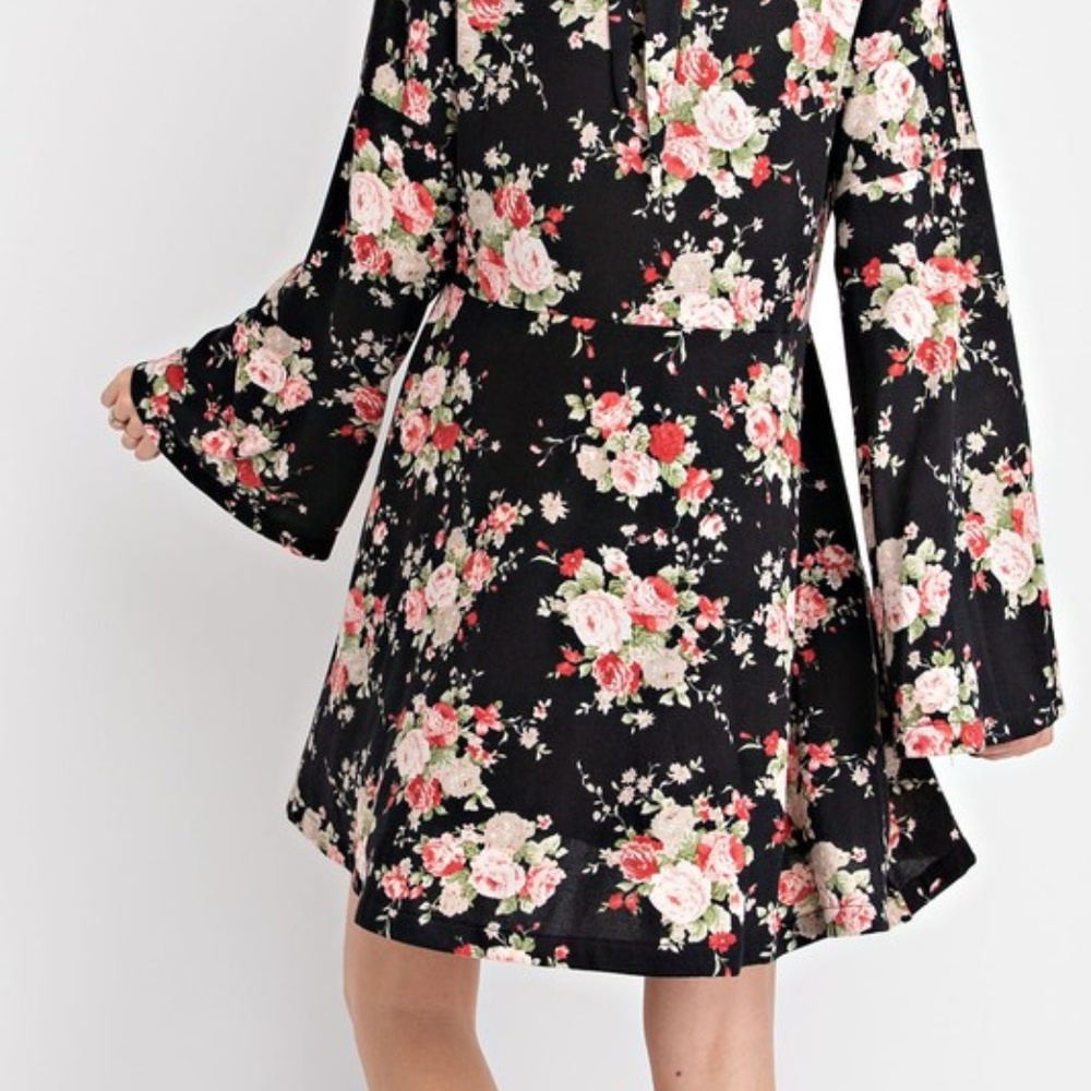 Easel Black Floral Print Mock Neck Soft Warm Dress - Picture 6 of 8